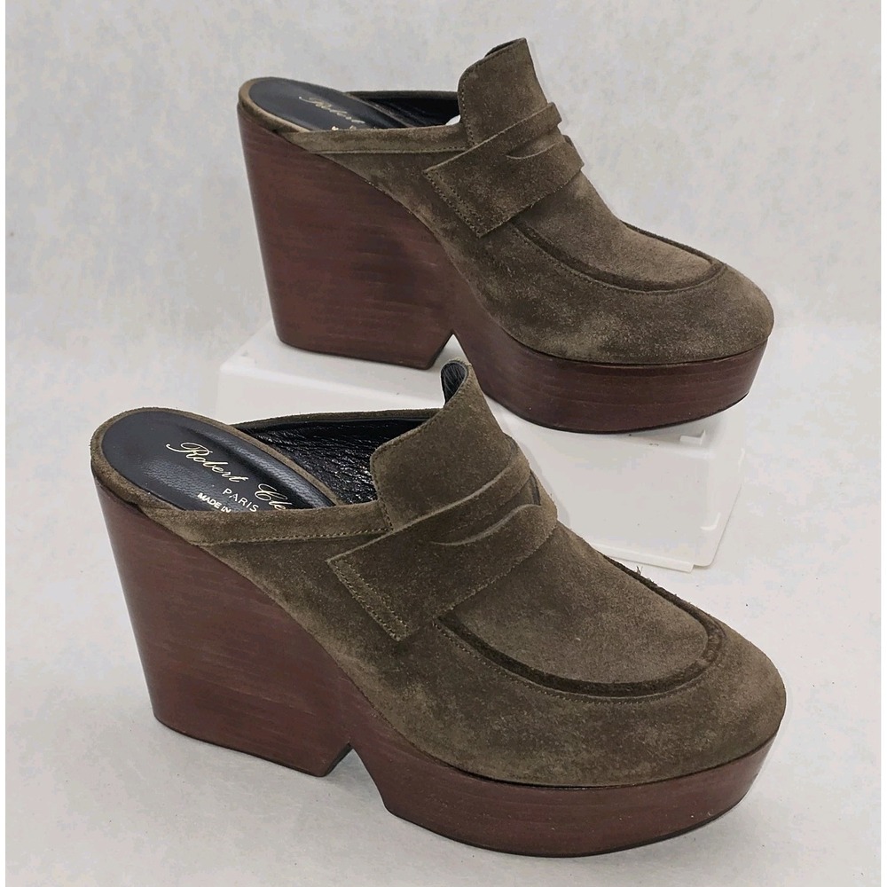 Robert Clergerie Olive Green Damor Suede Leather Platform Wooded Wedge Clogs 39 - Picture 2 of 11